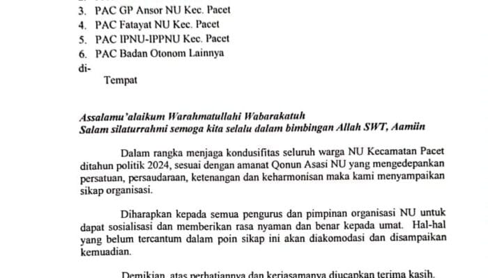 Majelis Wakil Cabang Nahdlatul Ulama Kecamatan Pacet Keluarkan Surat Edaran Sikap Politik Tahun 2024